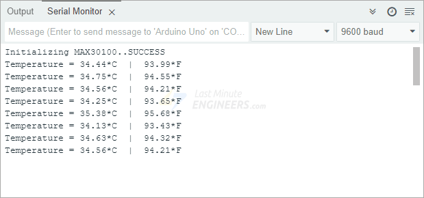 max30100 internal temperature sensor output