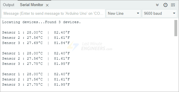 output of multiple ds18b20 by index method